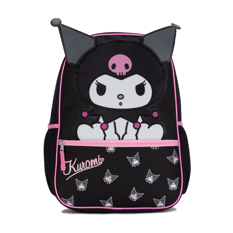 Black and pink Kuromi character backpack with front graphic and allover cat prints