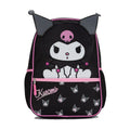 Black and pink Kuromi character backpack with front graphic and allover cat prints
