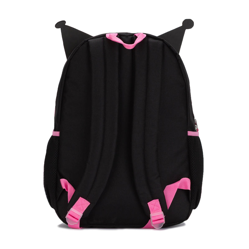 Black backpack with cat-ear top, quilted back panel, and pink adjustable shoulder straps