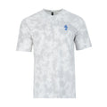 Men's grey tie-dye crewneck T-shirt with short sleeves and small blue script logo