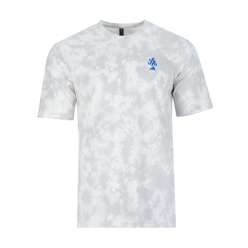 Men's grey tie-dye crewneck T-shirt with short sleeves and small blue script logo