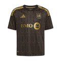 LAFC youth home soccer jersey in black with gold geometric pattern and crest patch
