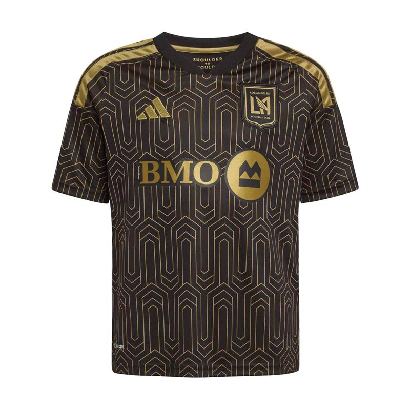 LAFC youth home soccer jersey in black with gold geometric pattern and crest patch
