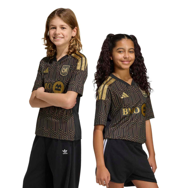 Youth black patterned soccer jersey with LAFC badge and gold BMO logo on front