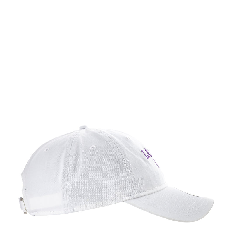 White baseball cap with side embroidery and adjustable strap on back