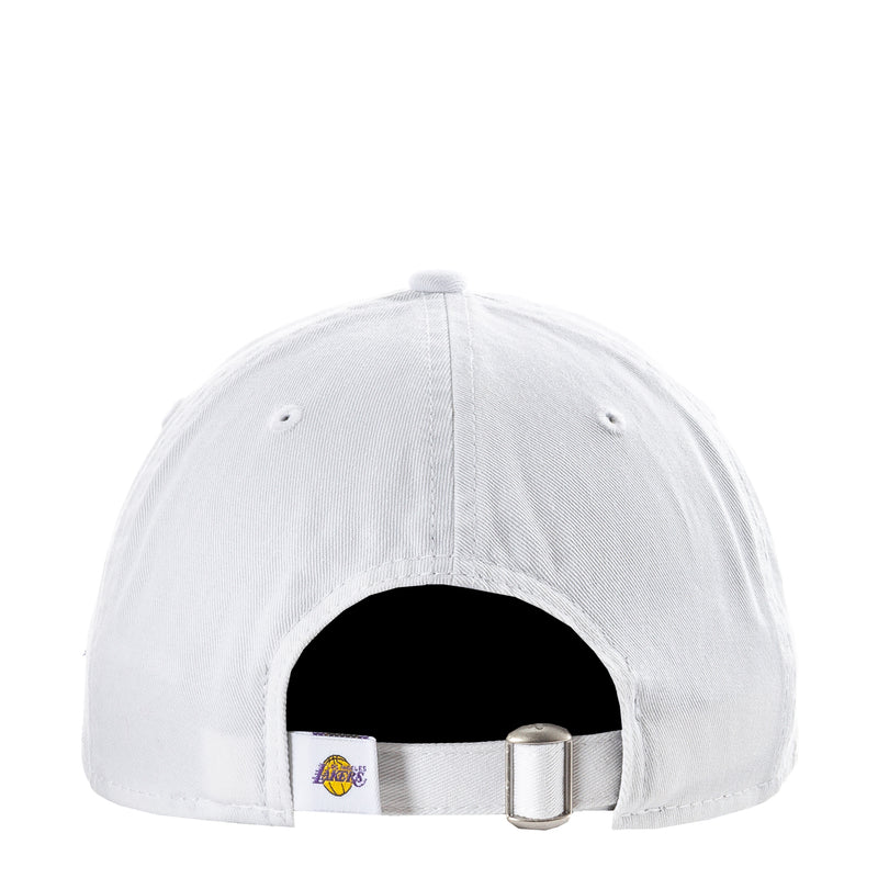 White baseball cap with adjustable metal buckle strap detail on back