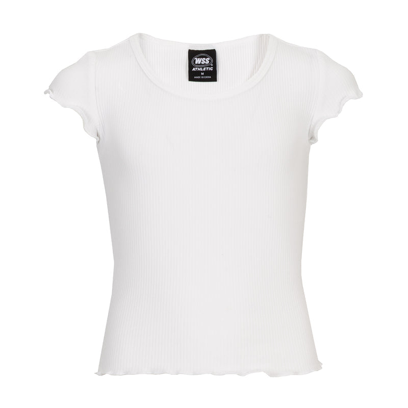 White youth lettuce-edge tee, crew neck, short sleeves; visible neck label.