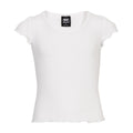 White youth lettuce-edge tee, crew neck, short sleeves; visible neck label.