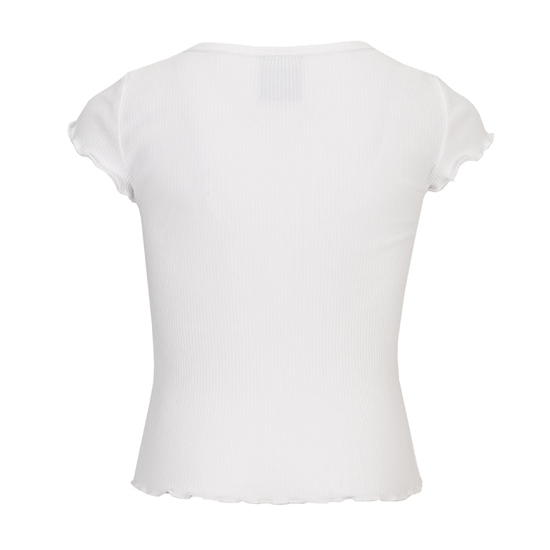 White youth lettuce-edge tee, crew neck, short sleeves; back view.