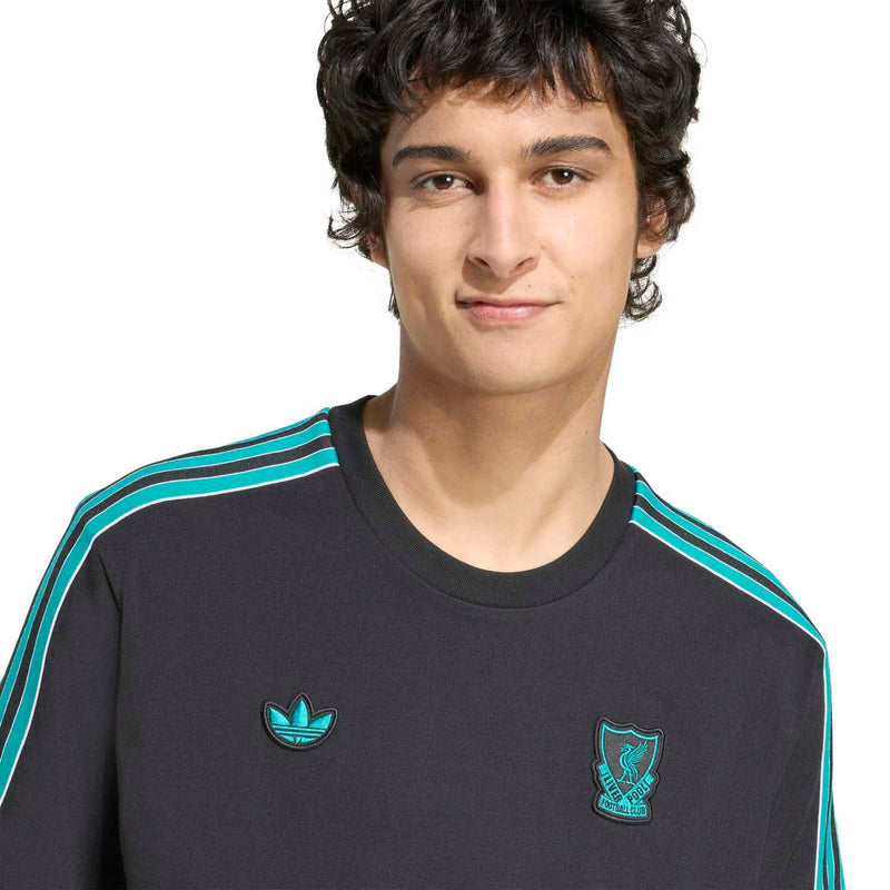 Men’s black Liverpool icon T-shirt close-up with teal chest crests