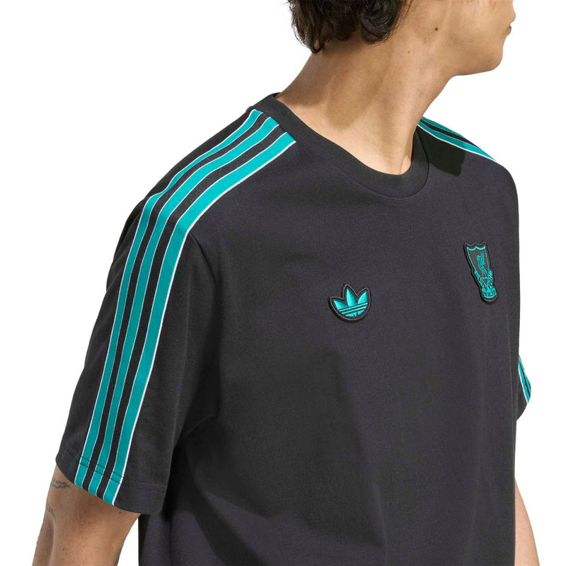 Men’s black Liverpool icon T-shirt side view with teal sleeve stripe and chest logo