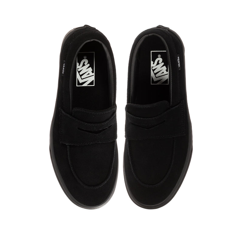 Youth black Vans loafer, toe and vamp view with strap detail