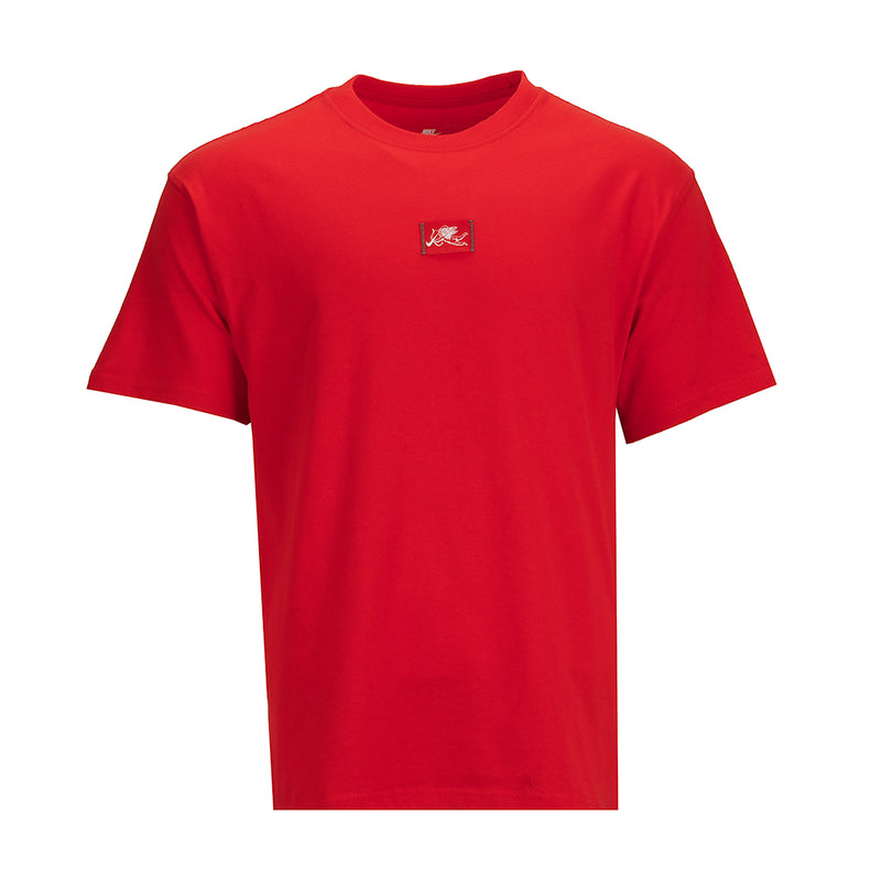 Men's red crew-neck T-shirt with small chest logo.