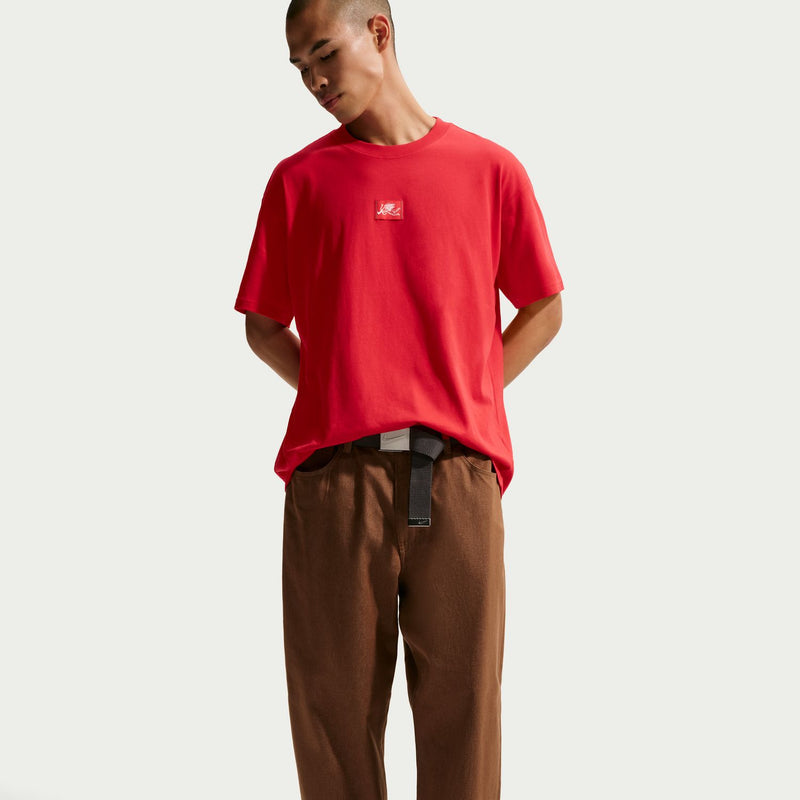 Men's red crew-neck T-shirt with small chest logo, short sleeves.