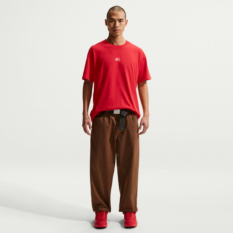 Men's red crew-neck T-shirt with small chest logo, short-sleeve fit.