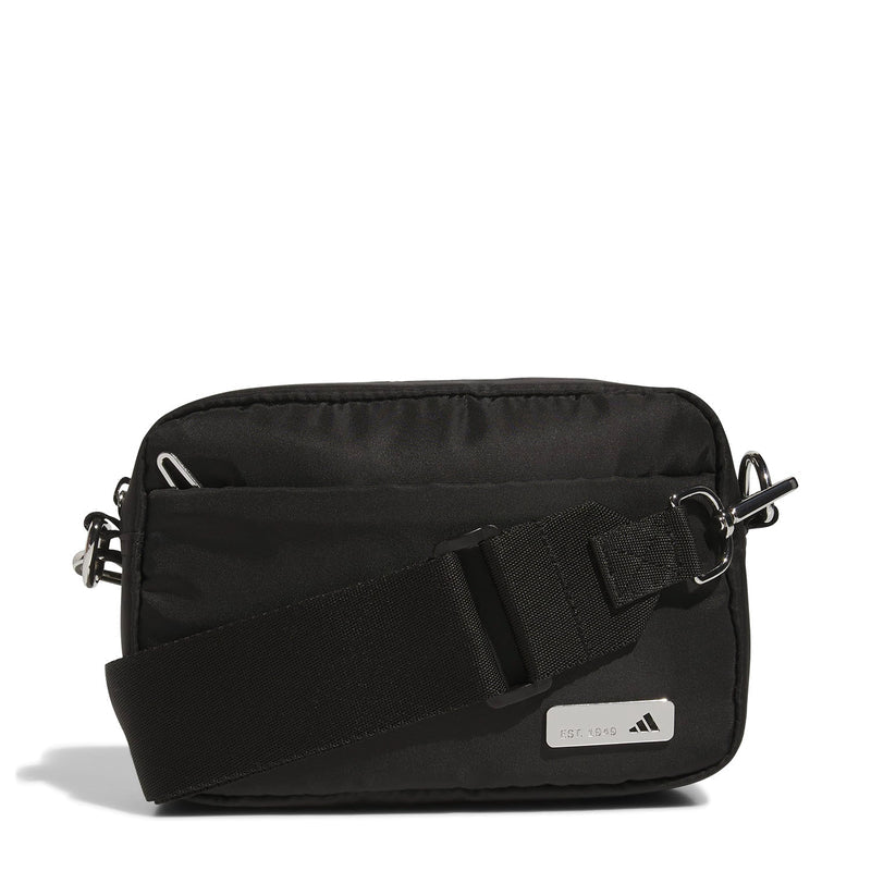 Black crossbody sling bag with adjustable strap and front zip pocket