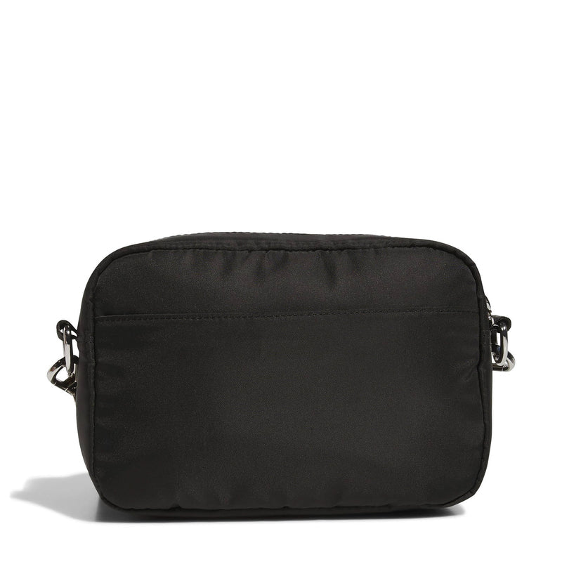 Black crossbody zip-top bag with loop handles, rear view