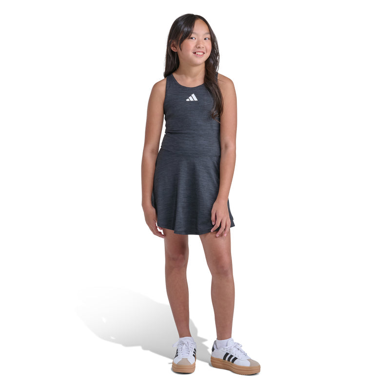 Youth heather black flounce dress with gathered skirt hem, sleeveless scoop neck, Adidas