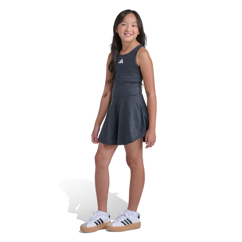 Youth heather black flounce dress, sleeveless scoop neck, Adidas logo; front view