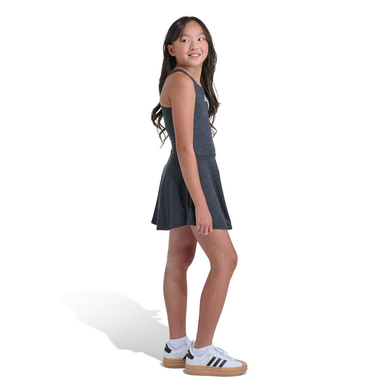 Youth heather black flounce dress with flared skirt, sleeveless scoop neck, Adidas logo; side