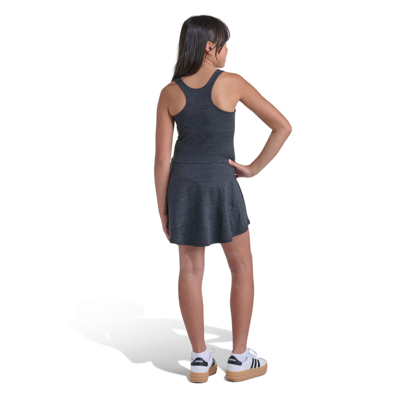 Youth heather black flounce dress, sleeveless racerback, Adidas logo; back view