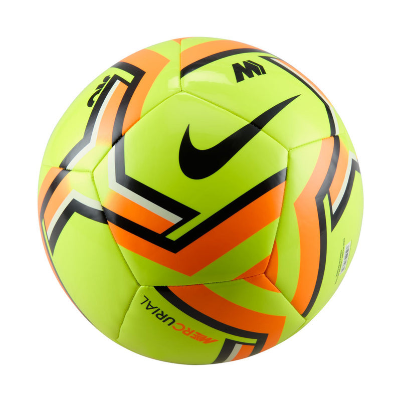 Neon yellow soccer ball with orange zigzag panels and black Nike swoosh