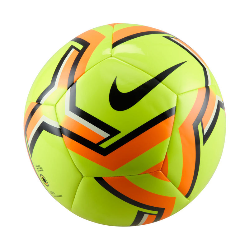 Neon yellow soccer ball with orange chevron stripes, black swoosh, panel branding