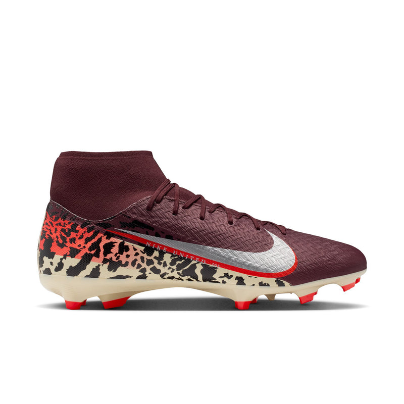 Men's burgundy soccer cleats with leopard print midfoot and red studs