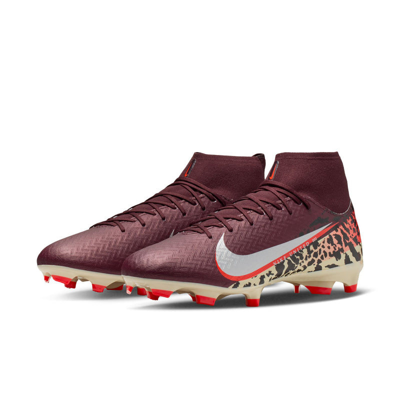 Men's burgundy high-top soccer cleats with leopard panel and red outsole studs