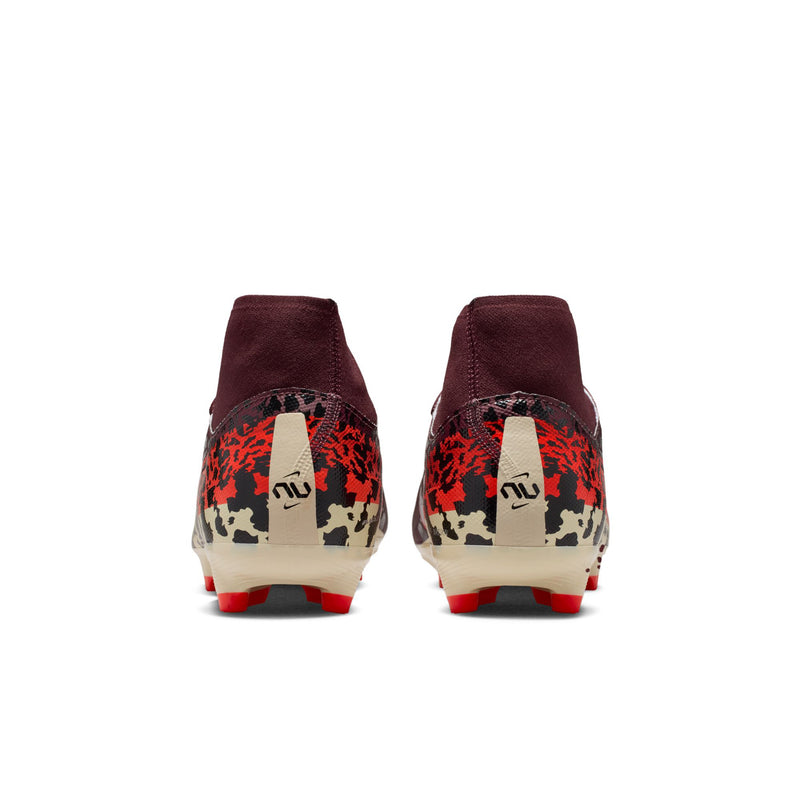 Back view of burgundy soccer cleats with leopard heel panel and red studs