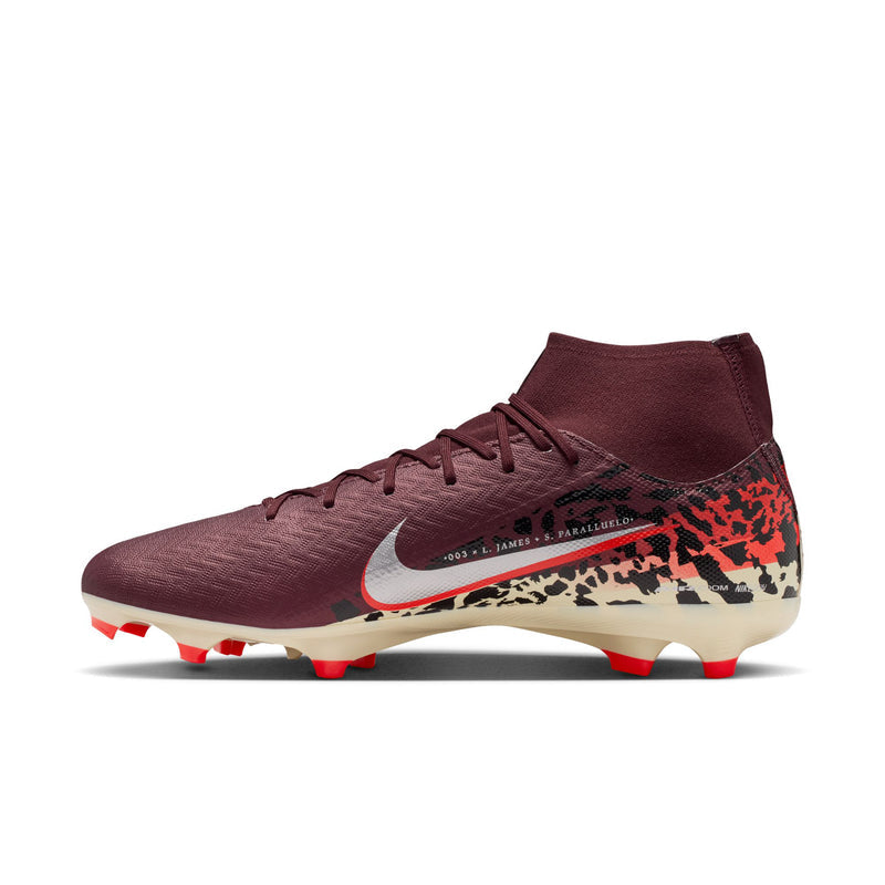 Men's burgundy soccer cleats with leopard side stripe and red traction studs