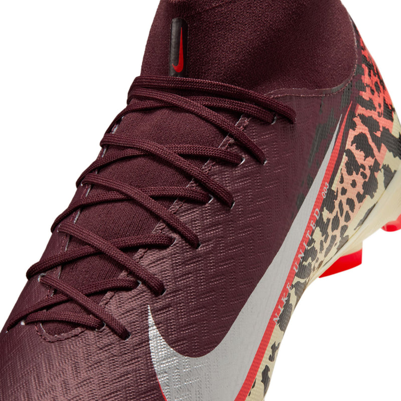 Burgundy high-top soccer cleat upper with lace rows and leopard side panel