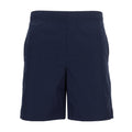 Men's navy woven short with elastic waistband and straight hem.