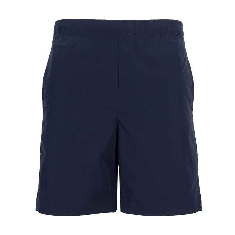 Men's navy woven short with elastic waistband and straight hem.