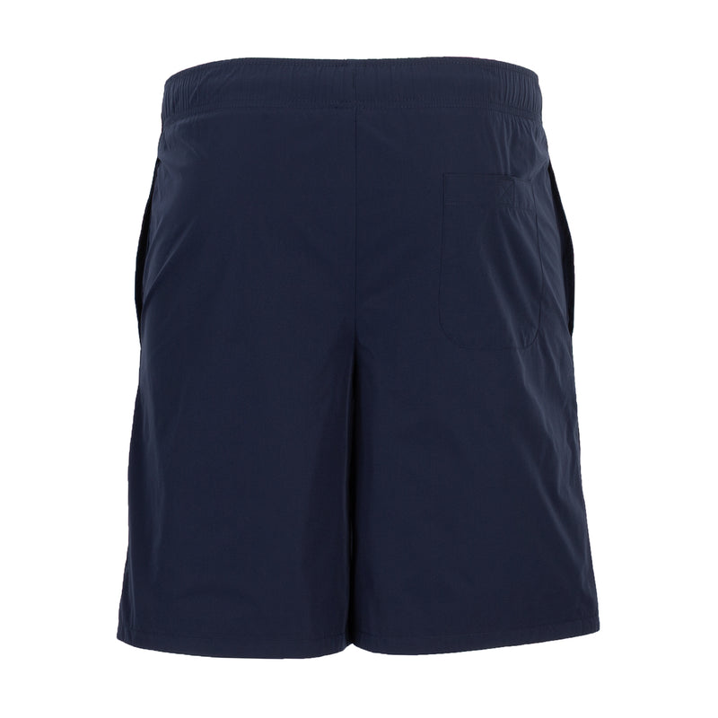 Men's navy woven shorts with elastic waistband, center seam, and knee-length hem.