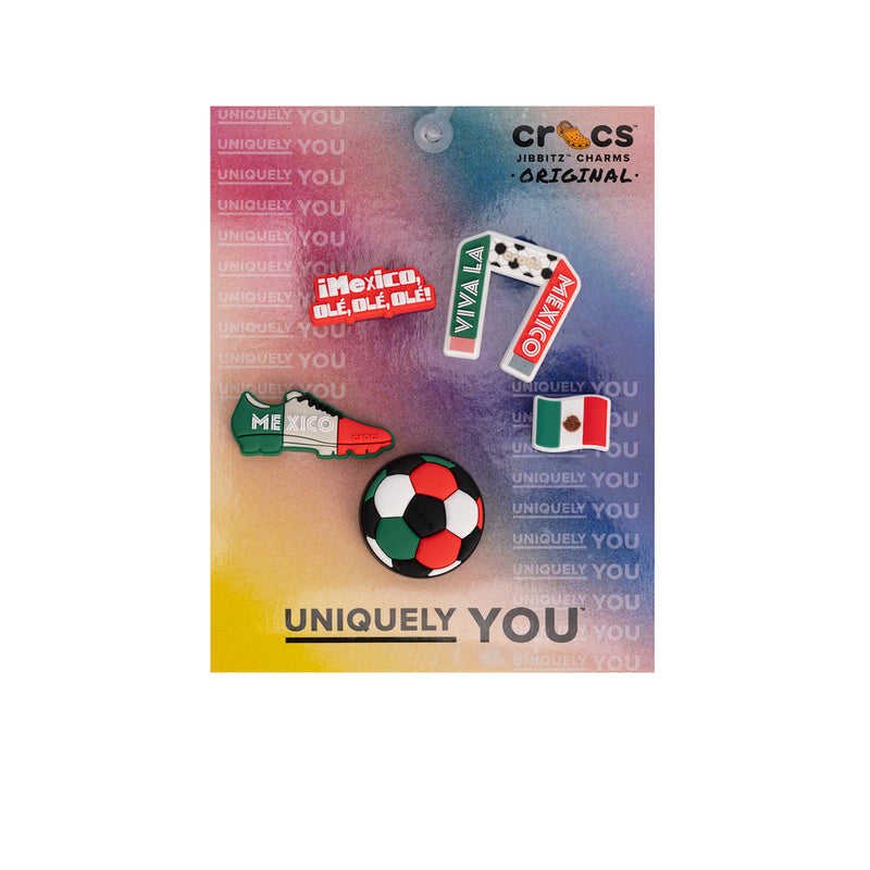 Mexican soccer fan jibbitz charm set, includes sombrero, soccer ball, and flag icon.