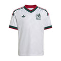 Youth white Mexico away jersey with green V-neck and red/green sleeve stripes