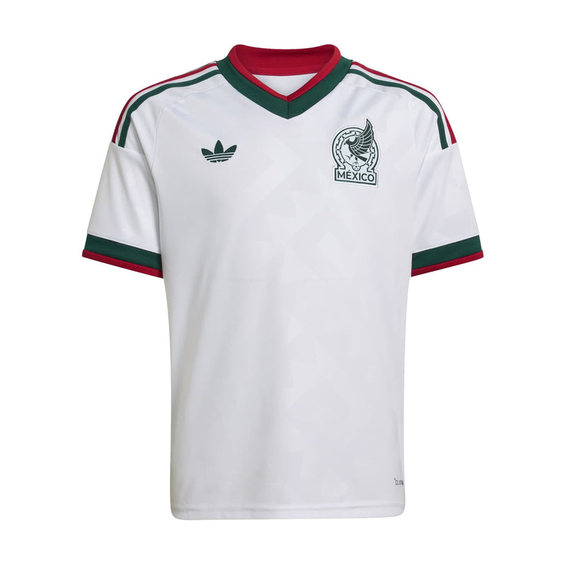 Youth white Mexico away jersey with green V-neck and red/green sleeve stripes