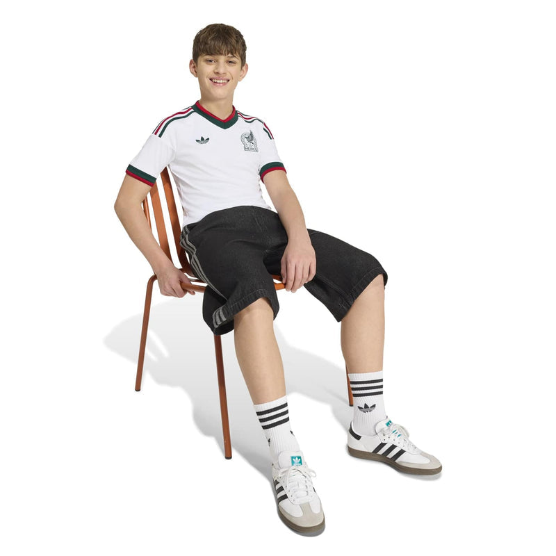 Youth white Mexico away jersey with green neck trim, red/green shoulder stripes
