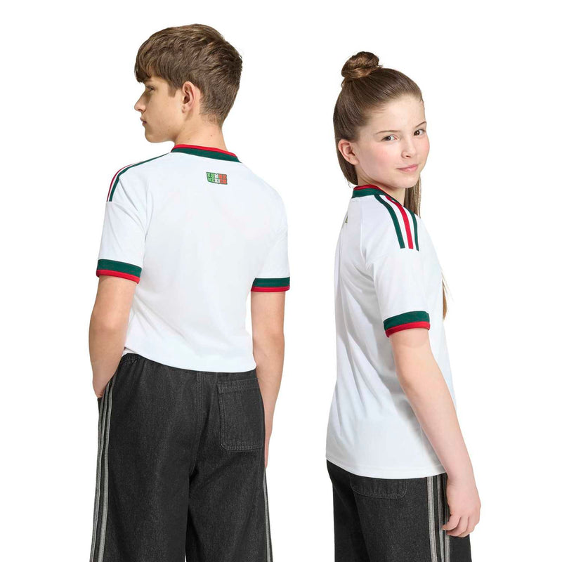 Youth white Mexico away jersey back view with green collar trim and red/green sleeve bands