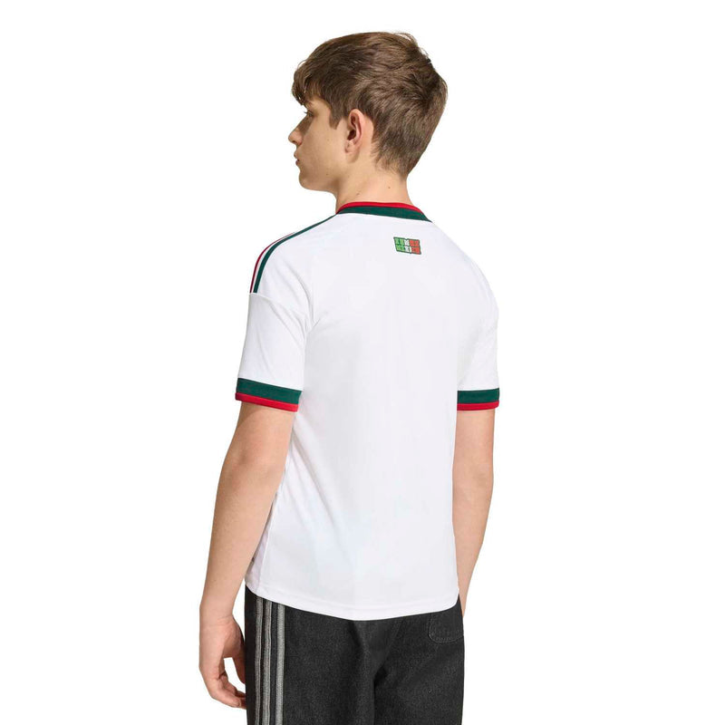 Youth white Mexico away jersey side view with green collar and red/green sleeve stripes