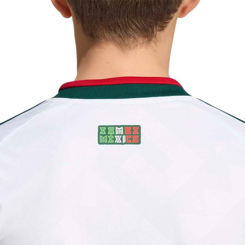 Youth white Mexico away jersey back close-up with green collar and small flag graphic