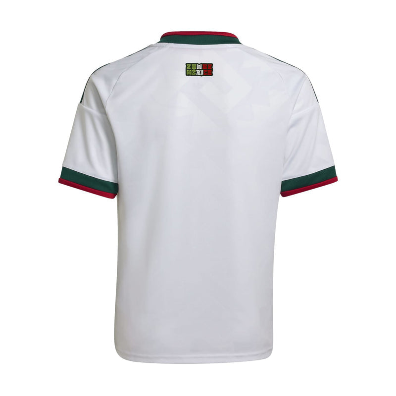 Youth white Mexico away jersey back view with green collar trim and center flag patch
