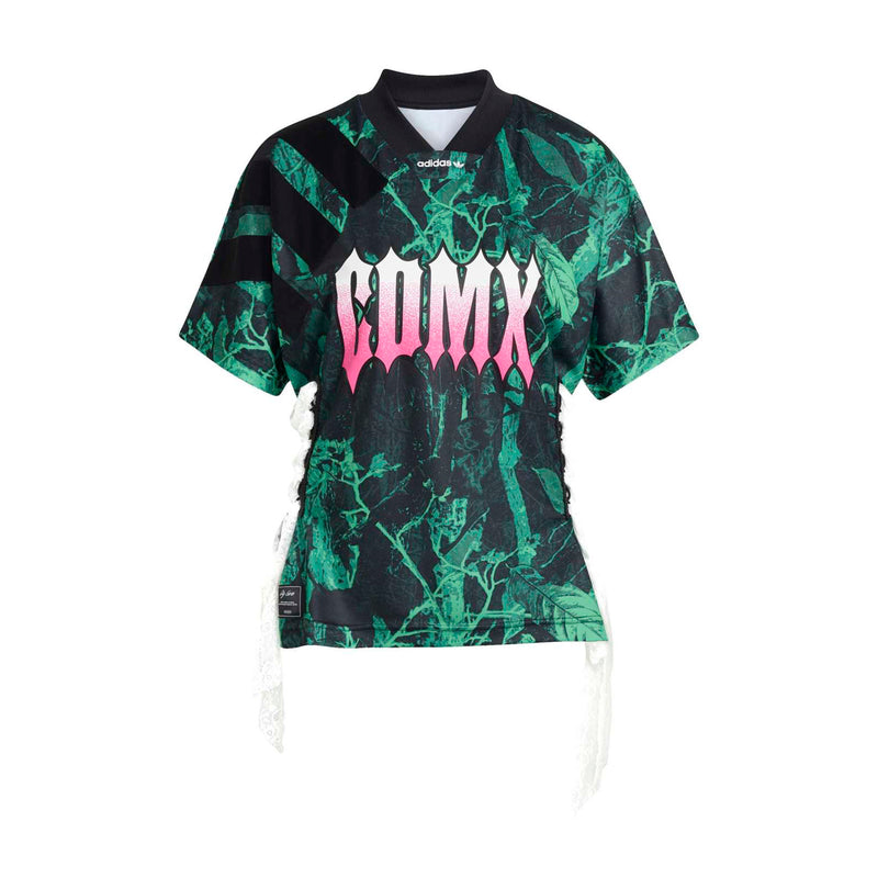 Women's jersey with black-and-green graphic print and pink lettering, short sleeves