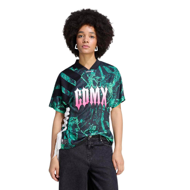 Women's green-and-black graphic jersey with pink center lettering, short sleeves