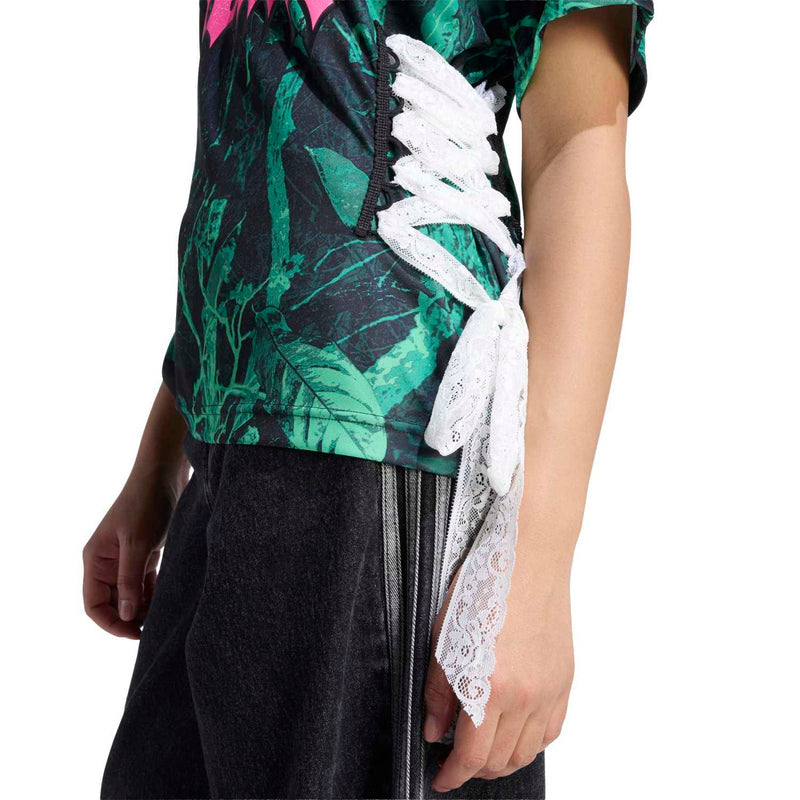 Women's side view graphic jersey in green and black with pink lettering, short sleeves