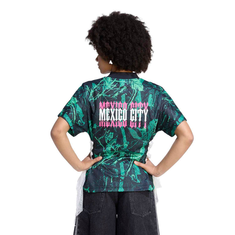 Women's jersey back with green-black print and pink 'MEXICO CITY' text, short sleeves