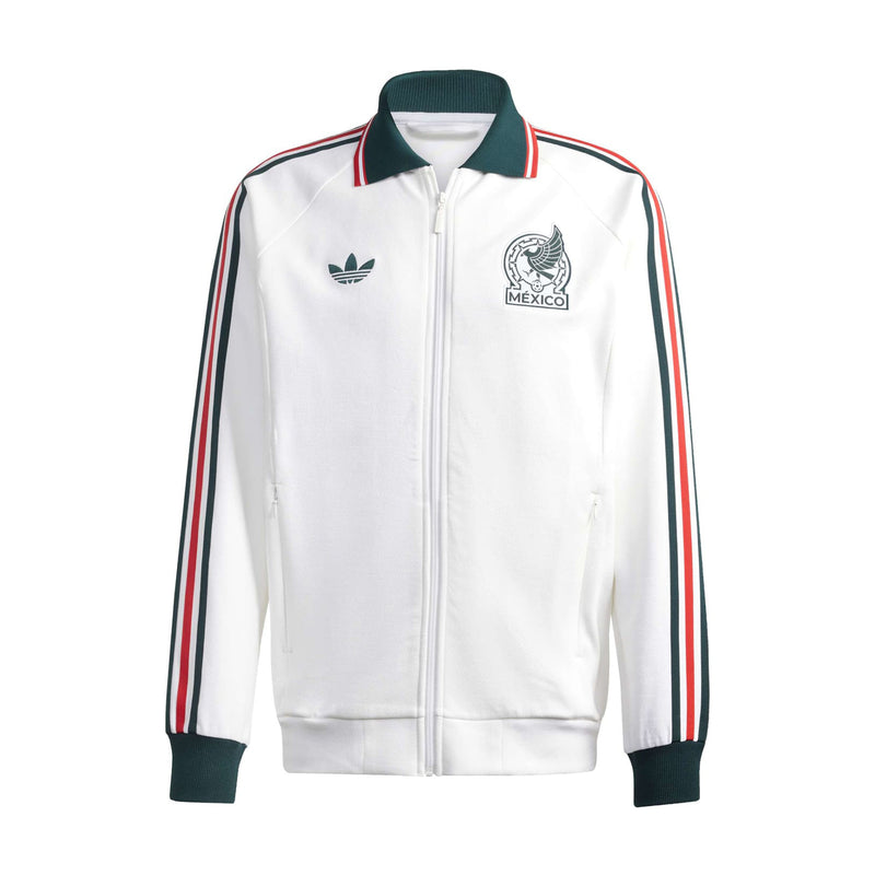 Men's white zip track jacket with green collar, striped sleeves, Mexico crest