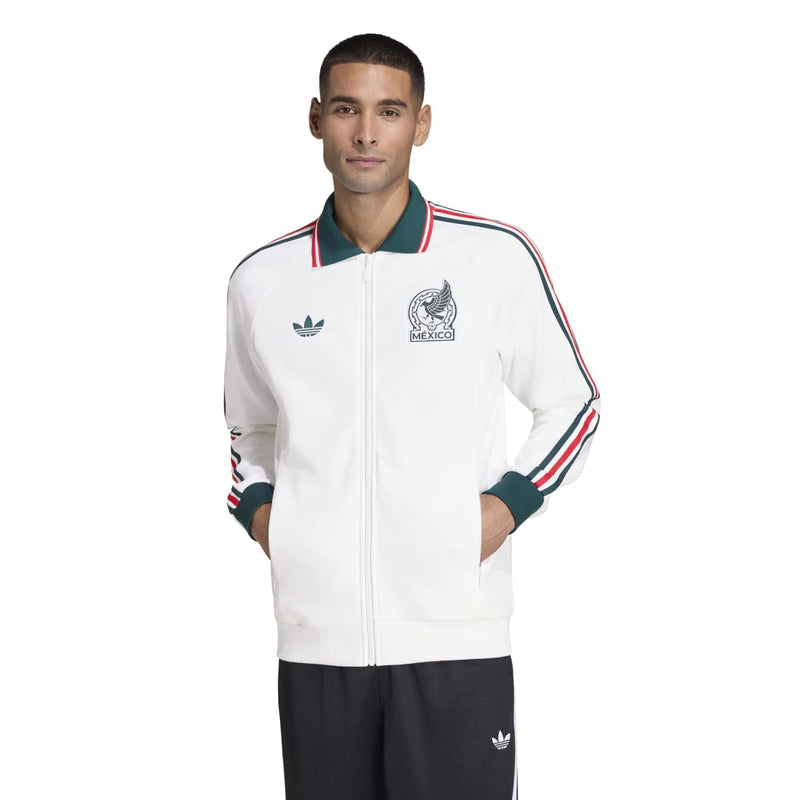Men's white zip track jacket with green collar and Mexico crest