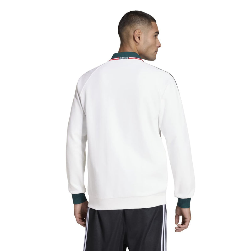 Men's white back zip track jacket with green striped collar cuffs
